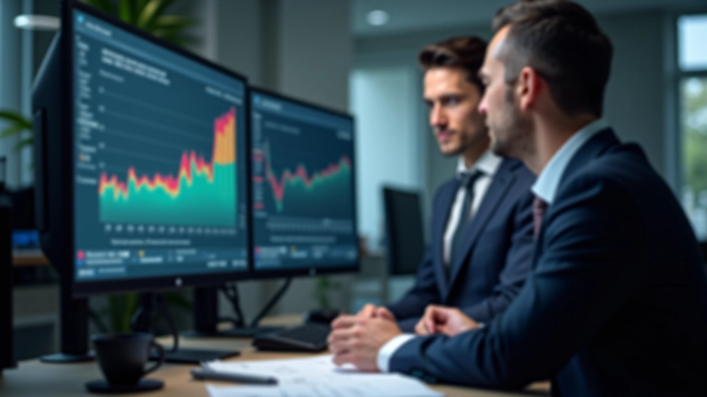 Bankschalter mit Finanzberater und Kunden in professioneller Büroumgebung mit Bildschirmen