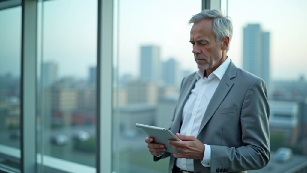 Geschäftsmann mit Tablet analysiert Exportpreise und Wechselkursdiagramme in modernem Konferenzraum mit Stadtblick