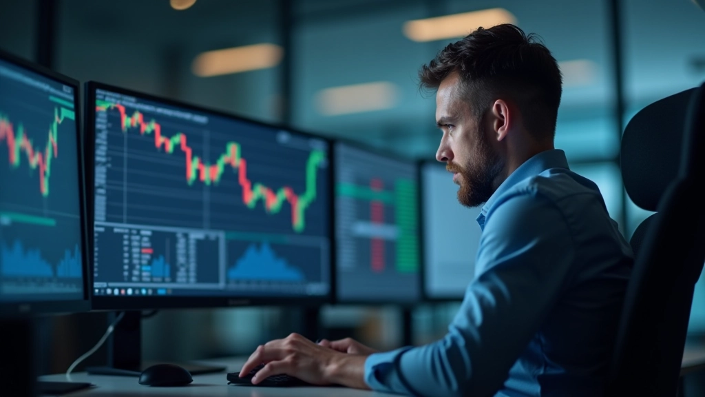 Finanzanalyst betrachtet Währungsdaten und Charts auf mehreren Monitoren im modernen Handelsbüro