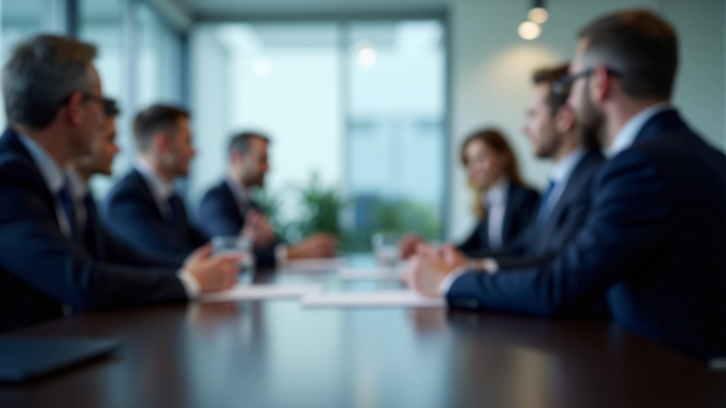 Konferenzraum mit Entscheidungsträgern an einem modernen Tisch während einer Besprechung