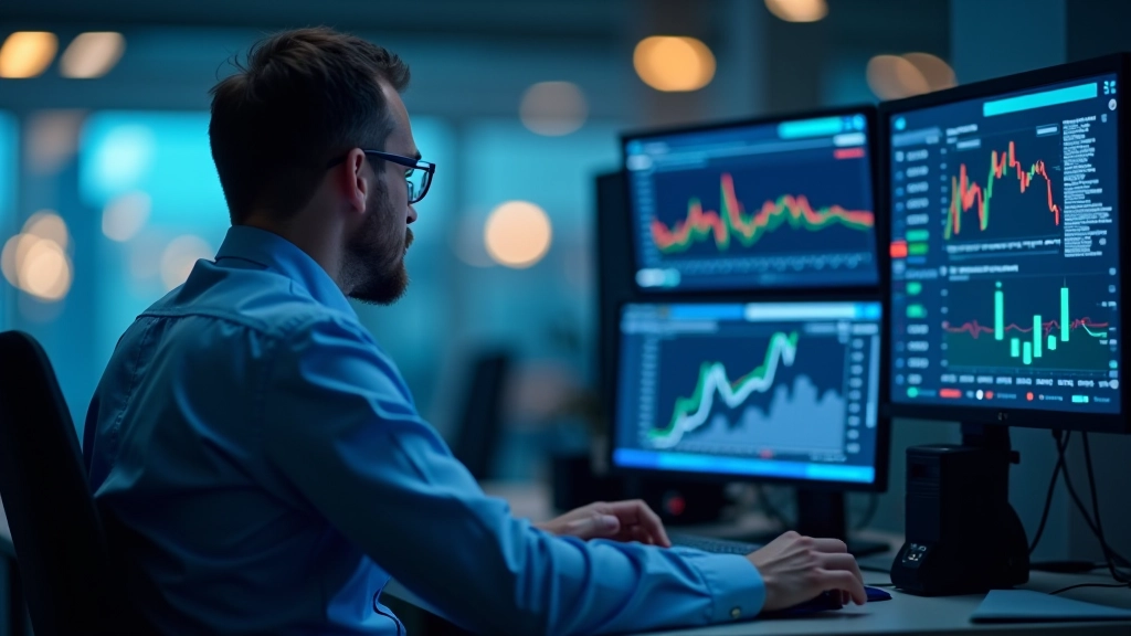 Großes Finanzhandelsdesk mit mehreren Bildschirmen, Echtzeit-Kapitalflussdiagramme und Zinsratencharts, professionelle Handelsumgebung