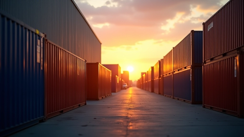 Deutsche Industriefabrik mit Exportprodukten und Logistikzentrum bei Sonnenuntergang