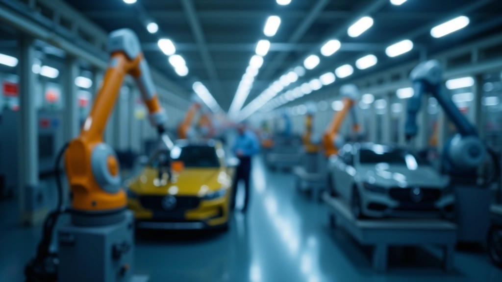 Modernes deutsches Industriewerk mit automatisierten Robotern und Fließband in der Autofertigung