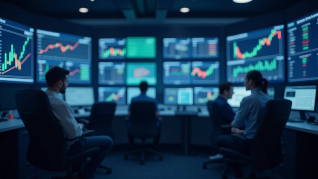 Moderne Börsenhandelsraum mit mehreren Bildschirmen, die Finanzdaten und Echtzeit-Kurse anzeigen